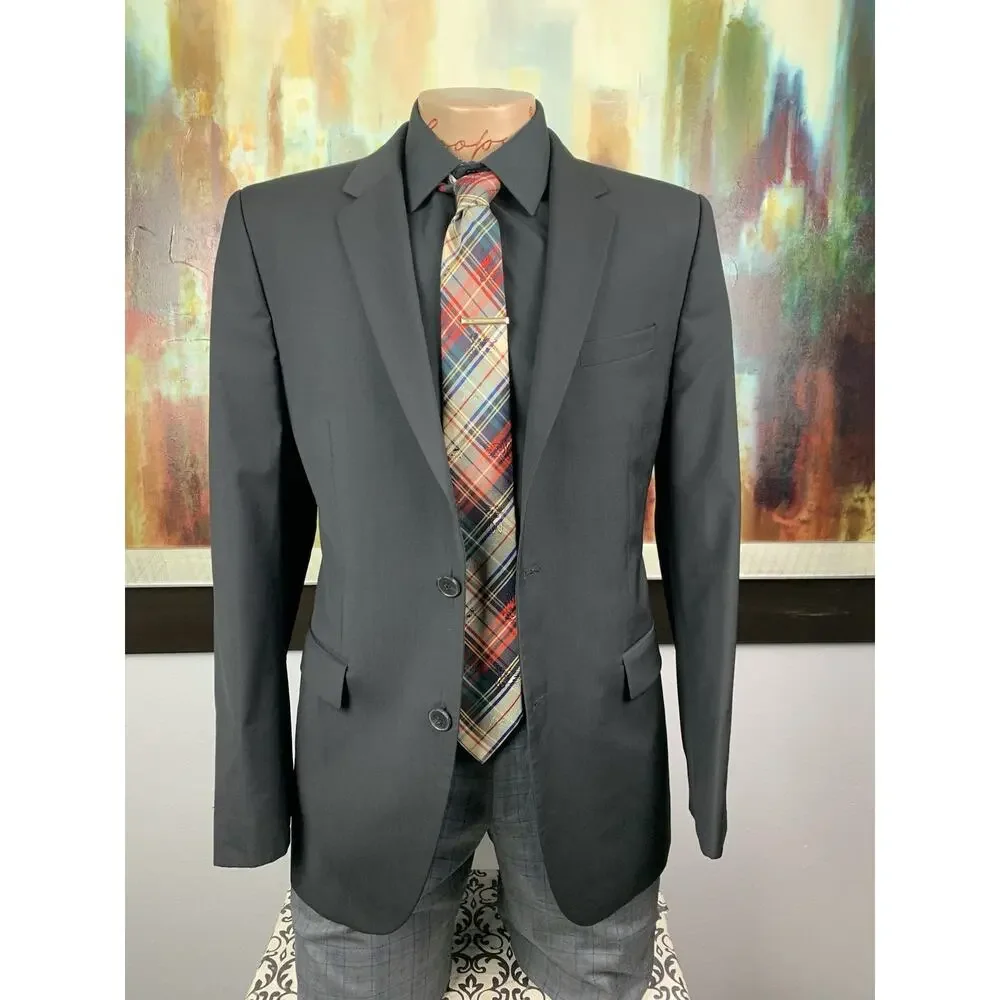 Hugo Boss Mens Super 100s Black Basket Weave Blazer 40R Slim Fit